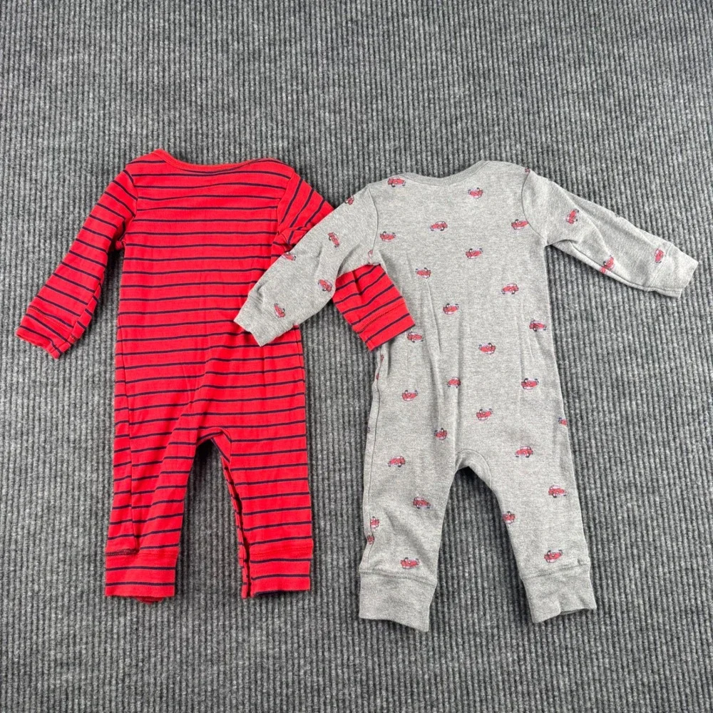 Carters Baby Boy 9M Romper Set 2 Pack Red Striped Gray Car Print Long Sleeve 841